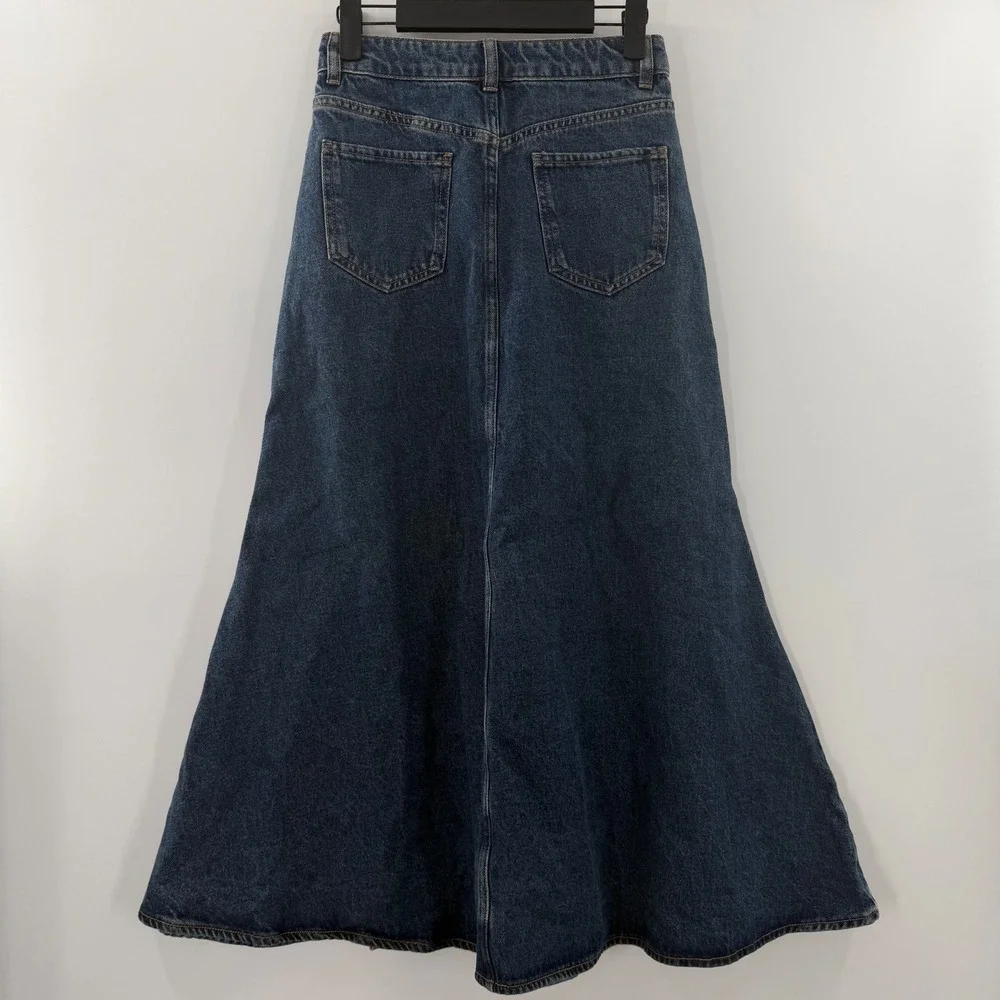 Urban Revivo Blue Denim Maxi Skirt Gold Ornate Button Front A-Line NWT Size US 2 - Picture 2 of 10